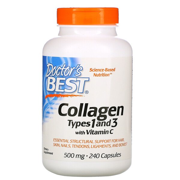 Doctor's Best, Collagen Types 1 and 3 with Vitamin C, 500 mg, 240 Capsules Imagem 1